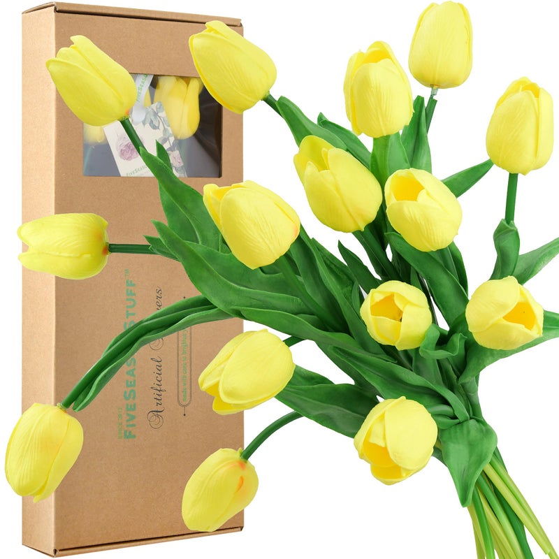FiveSeasonStuff Real Touch Tulips Artificial Flowers â€“ 15 Stems Faux Tulip Bouquet in Gift Box for Wedding, Home Decor, Party, Floral Arrangements (Candle Glow Yellow) - Image 1